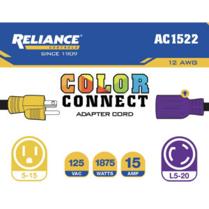 Reliance Controls Color Connect 12/3 SJTW 125 V 12 in. L Adapter Cord - Image 2