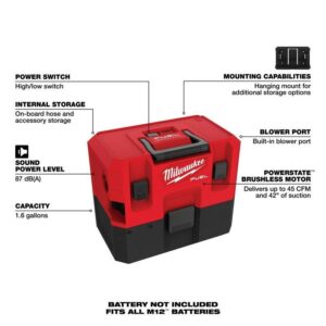 Milwaukee M12 FUEL 1.6 gal Cordless Shop Vacuum Tool Only 12 V - Image 2