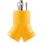 Camco PowerGrip Heavy Duty 3-Prong Generator Adapter (30M/2 x 15F) - Durable Construction for Safe and Simple Use - (55433) , Yellow