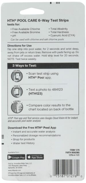 HTH Pool Care 6-Way Test Strips, Swimming Pool Water Chemical Tester, 30 Strips - Image 2
