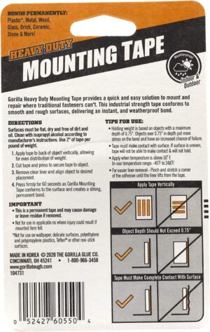 Gorilla Double Sided 1 in. W X 60 in. L Mounting Tape Black - Image 2