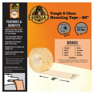 Gorilla Tough & Clear, Double Sided Mounting Tape, Weatherproof, 1″ x 60″, Clear, (Pack of 1) - Image 2