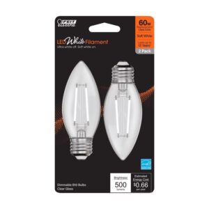 Feit White Filament B10 E26 (Medium) Filament LED Bulb Soft White 60 Watt  2 pk