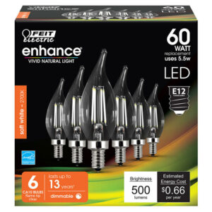 Feit Enhance CA10 E12 (Candelabra) Filament LED Bulb Soft White 60 Watt Eq 6 pk