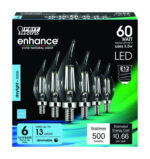 Feit Enhance CA10 E12 (Candelabra) Filament LED Bulb Daylight 60 Watt Eq 6 pk