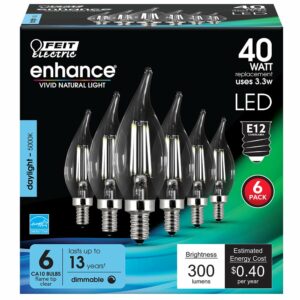Feit Enhance CA10 E12 (Candelabra) Filament LED Bulb Daylight 40 Watt Eq 6 pk