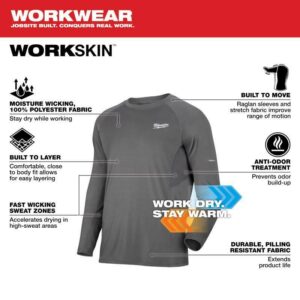 Milwaukee Workskin Long Sleeve Crew Neck Gray Midweight Base Layer Tee Shirt XL - Image 4