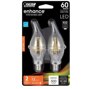 Feit CA10 Flame Tip E12 Candelabra LED Bulb Soft White 60 Watt Equivalence 2 pk