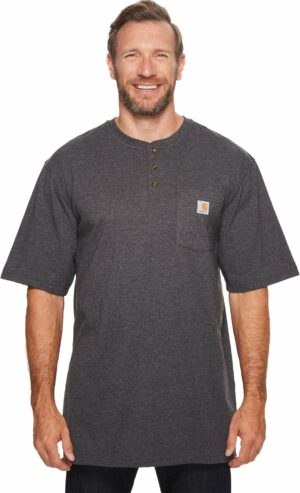 Carhartt mens Loose Fit Heavyweight Short-sleeve Pocket Henley T-shirt Shirt, Carbon Heather, X-Large US