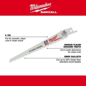 Milwaukee Sawzall 9 in. Bi-Metal Clean Wood Reciprocating Saw Blade 6 TPI 5 pk - Image 3
