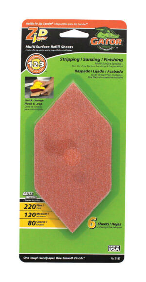 Gator Zip Sander 6" L X 3" W 80/120/220 Grit Aluminum Oxide Sanding Sheet 6 pk