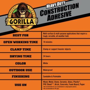 Gorilla Heavy Duty Construction Adhesive, 7 Ounce Squeeze Tube, White, (Pack of 1) - Image 3