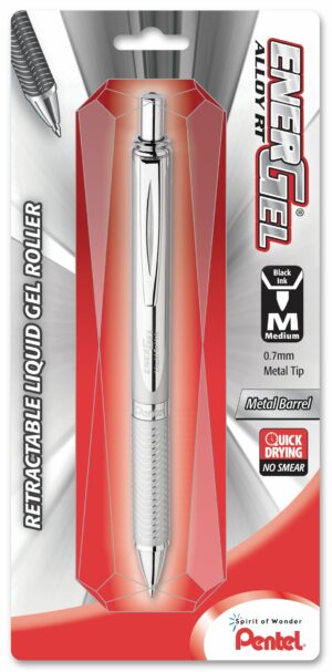 Pentel Energel Alloy Retractable Liquid Gel Pen, (0.7mm) Medium Line, Silver Barrel, Black Ink, 1 Pack (BL407BP) - Image 2