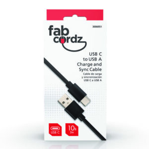 Fabcordz USB-C to USB-A Charge and Sync Cable 10 ft. Black FAB-1012 - Image 2