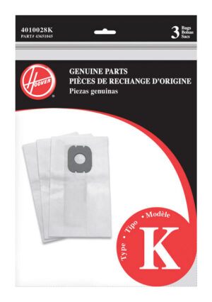 Hoover Vacuum Cleaner Bags for Spirit Canister Vacs, Pack of 3, White, Type K, Part # 4010028K, Hoover Vacuum Bags Refill