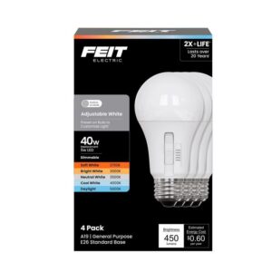 3018675 40W A19 E26 Medium Adjustable Equivalence LED Bulb, White - Pack of 4