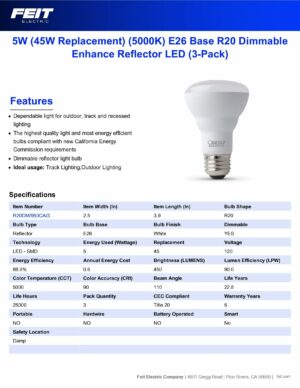 Feit Enhance R20 E26 (Medium) LED Bulb Daylight 45 Watt Equivalence 3 pk - Image 2