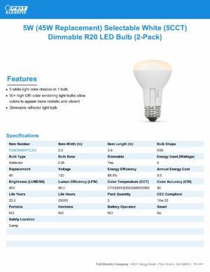 Feit R20 E26 (Medium) LED Bulb Adjustable White 45 Watt Equivalence 2 pk - Image 8