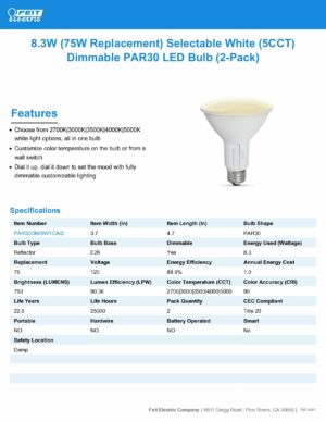 Feit Enhance PAR30 E26 (Medium) LED Bulb Adjustable White 75 Watt Equivalence 2 pk - Image 7