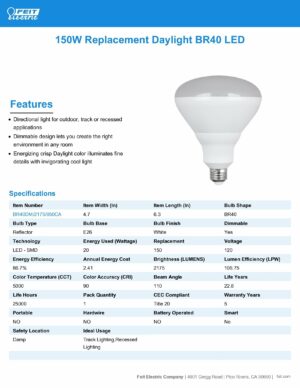 Feit Electric BR40 LED Light Bulb, 150W Equivalent, Dimmable, 2175 Lumens, E26 Medium Base, 5000K Daylight, 90 CRI, Flood Light Bulb for Recessed Cans, Damp Rated, 22-Year Lifetime, BR40DM/2175/950CA - Image 7