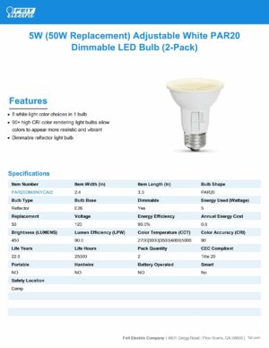 Feit PAR20 E26 (Medium) LED Floodlight Bulb Adjustable White 50 Watt Equivalence 2 pk - Image 8
