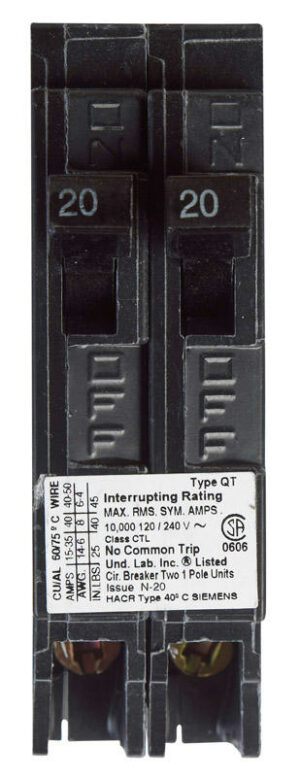 Siemens 20/20 amps Tandem Single Pole Circuit Breaker Q2020