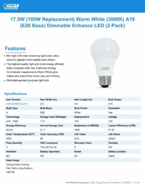 Feit Enhance A19 E26 (Medium) LED Bulb Bright White 100 Watt Equivalence 2 pk - Image 6
