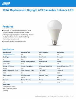 Feit Enhance A19 E26 (Medium) LED Bulb Daylight 100 Watt Equivalence 2 pk - Image 6