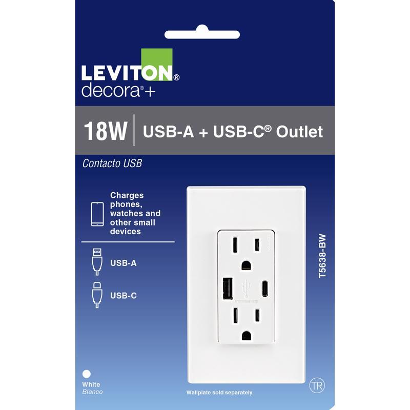 Leviton Decora 15 amps 125 V Type A/C Duplex White Outlet and USB Charger 5-15R