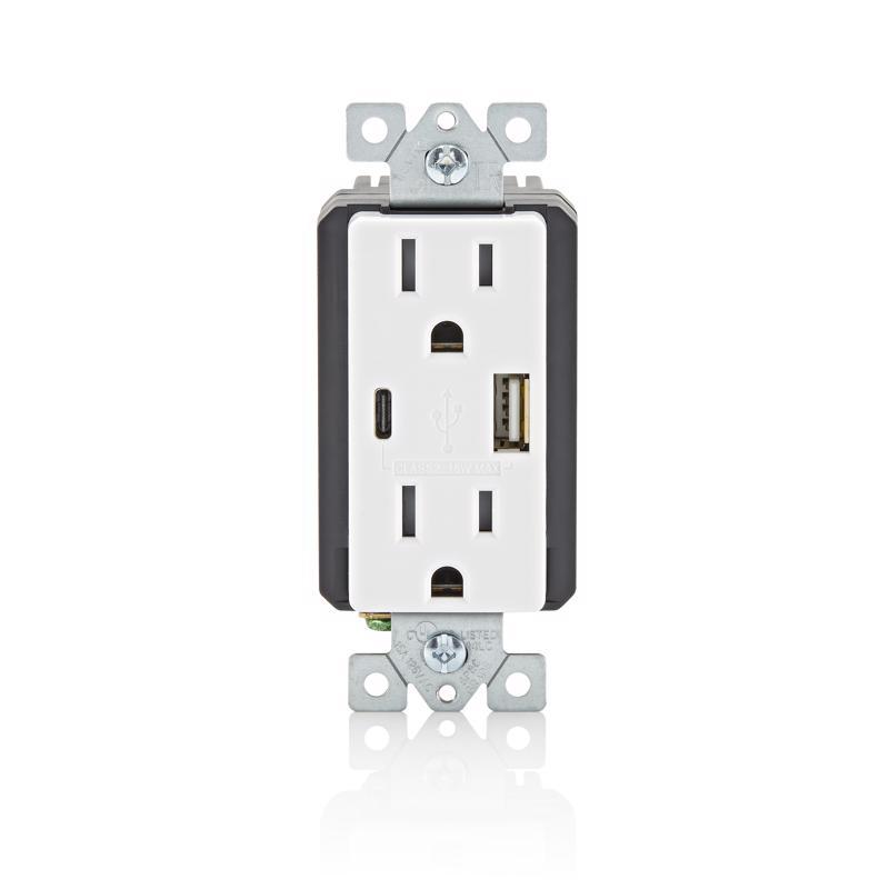 Leviton Decora 15 amps 125 V Type A/C Duplex White Outlet and USB Charger 5-15R - Image 2