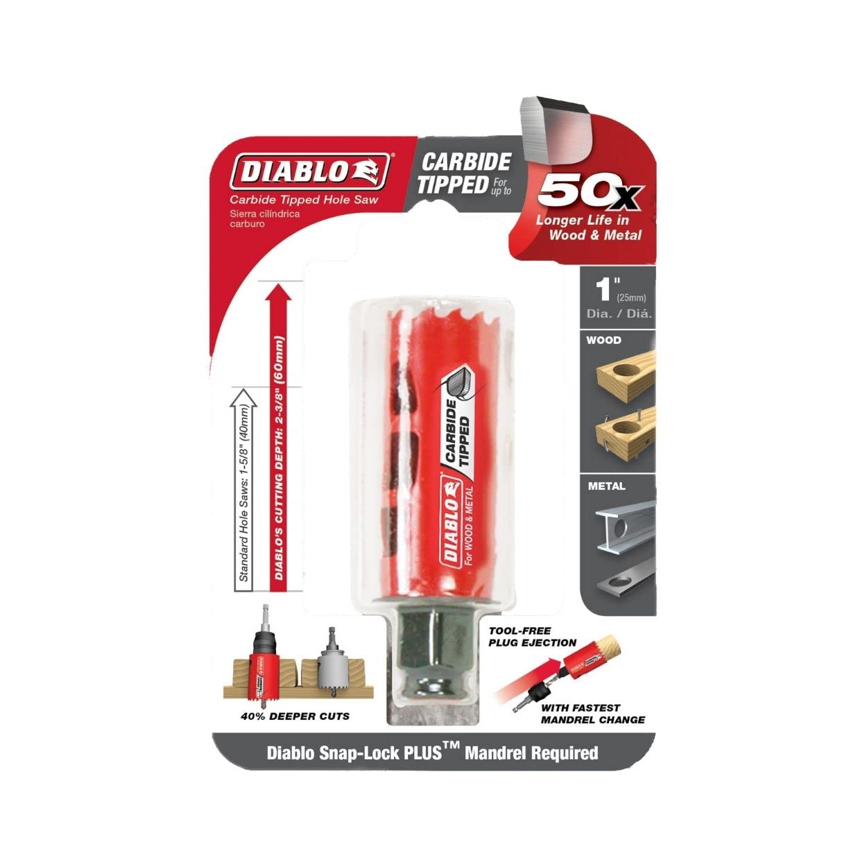 Diablo Snap-Lock Plus 1 in. Carbide Tipped 2-3/8 in. L X 3/8 in. D Hole Saw - Image 2