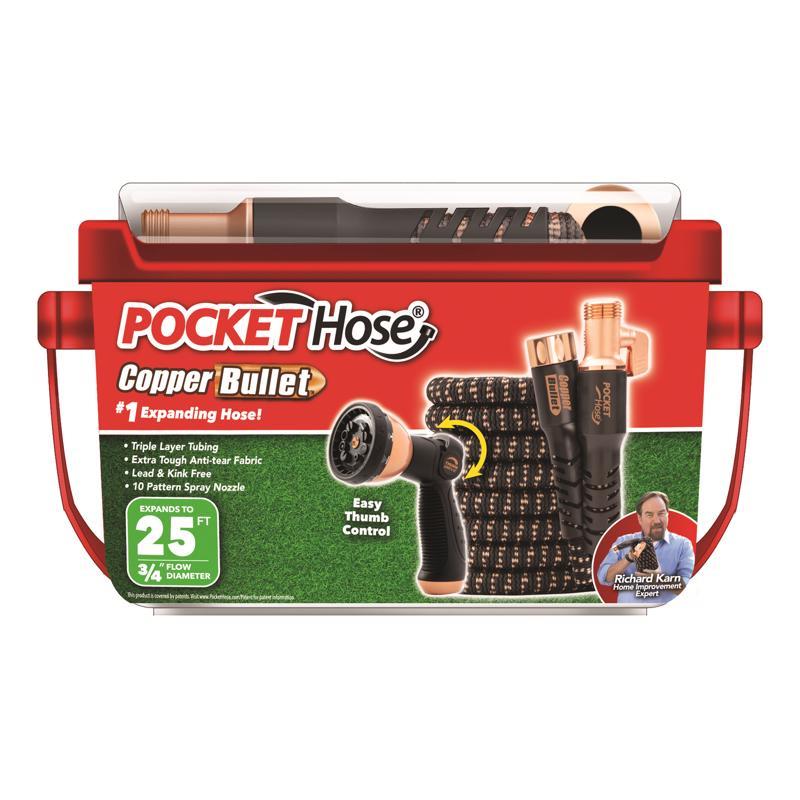 Pocket Hose 25 FT Copper Bullet Expandable Hose w/Thumb Spray Nozzle, AS SEEN ON TV, 650psi 3/4 in Solid Copper Anodized Aluminum Fittings Lead-Free Lightweight No-Kink Garden Hose, Black