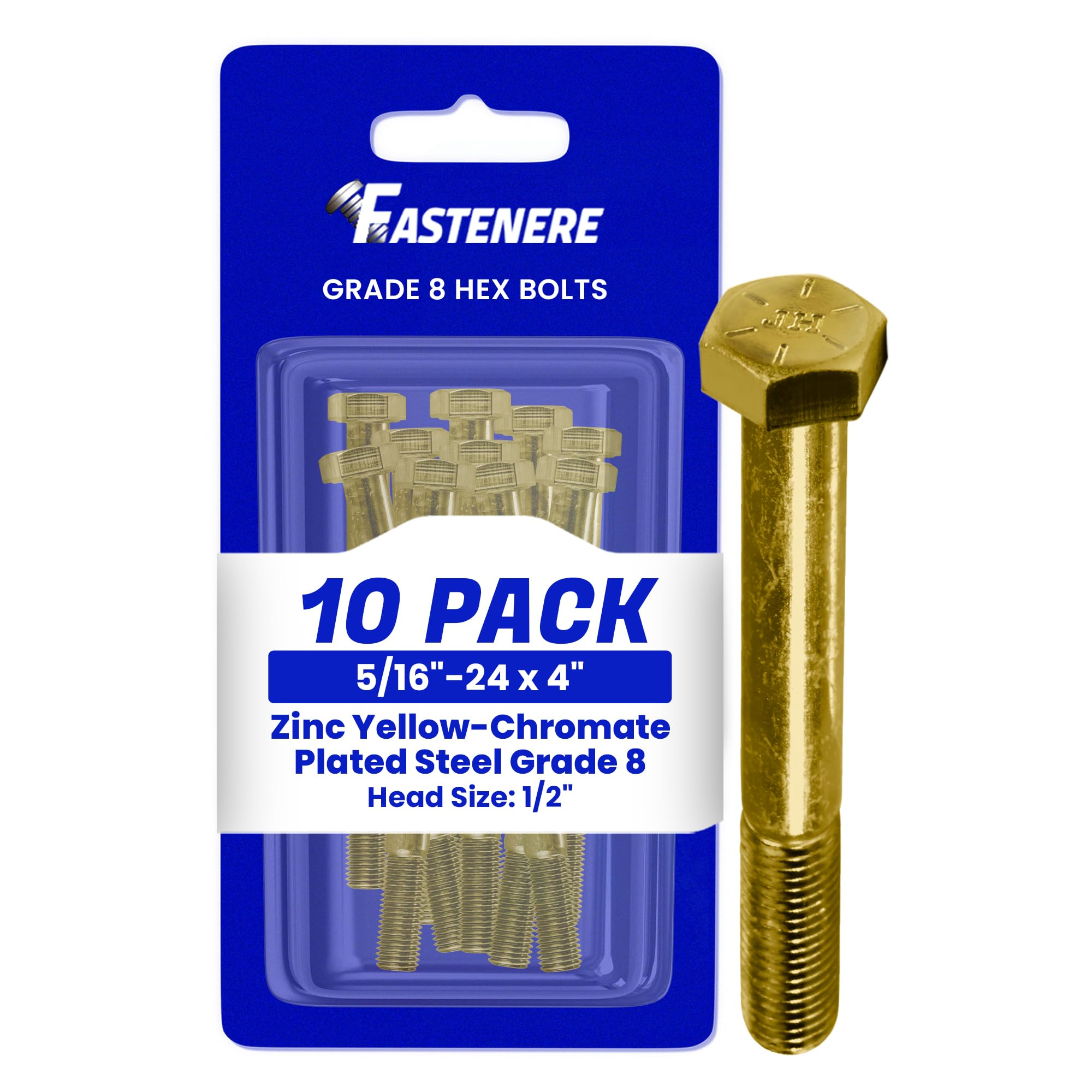 Fastenere 5/16"-24 x 4 Hex Bolts Grade 8 Zinc Yellow-Chromate Plated Steel, Partial Threaded Durable Hex Bolts for Machinery & Construction, Rust-Resistant, Heavy-Duty Fasteners, Pack of 10