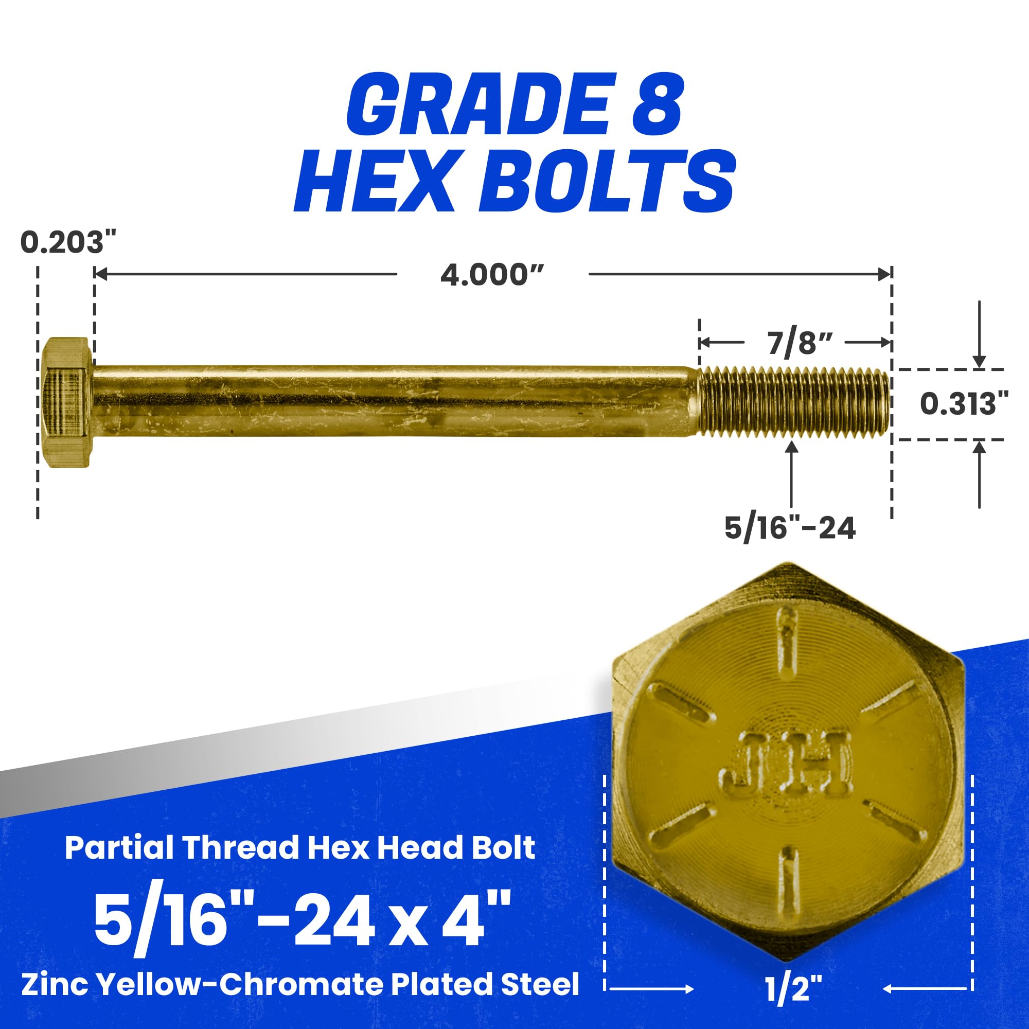 Fastenere 5/16"-24 x 4 Hex Bolts Grade 8 Zinc Yellow-Chromate Plated Steel, Partial Threaded Durable Hex Bolts for Machinery & Construction, Rust-Resistant, Heavy-Duty Fasteners, Pack of 10 - Image 2