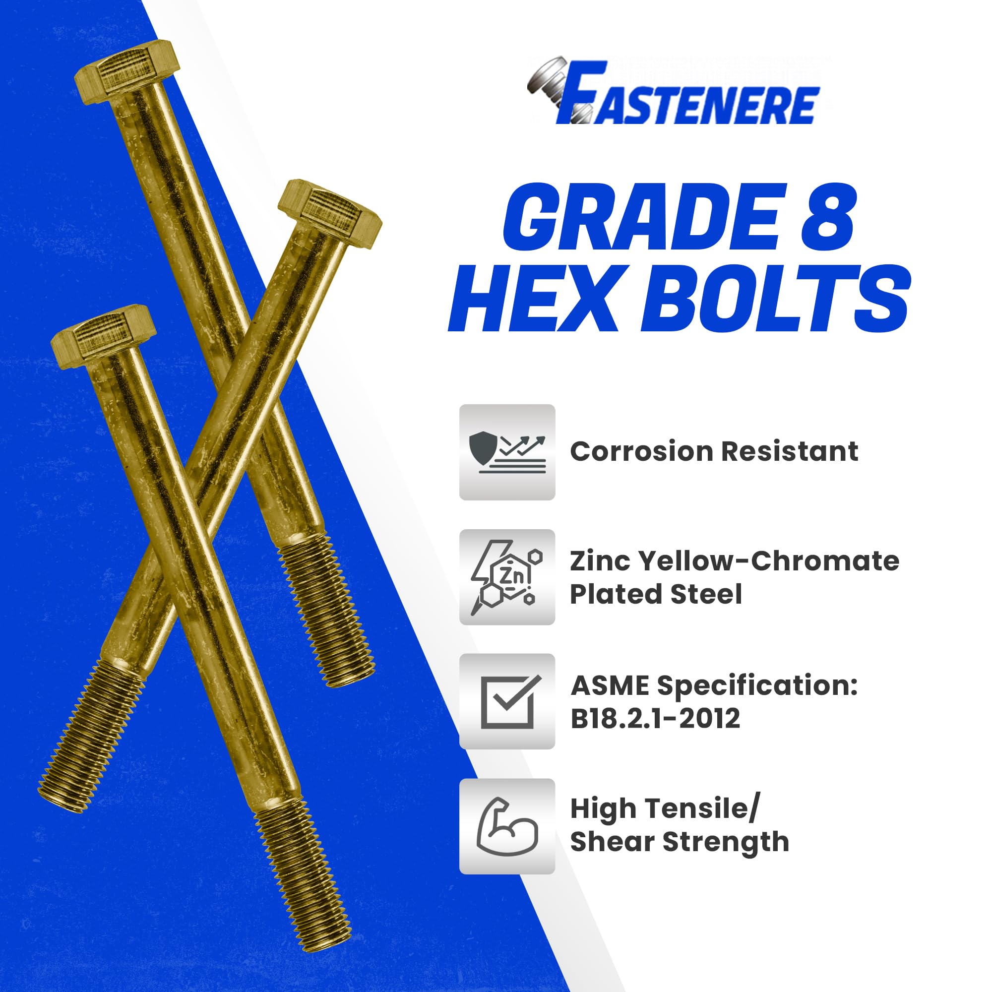 Fastenere 5/16"-24 x 4 Hex Bolts Grade 8 Zinc Yellow-Chromate Plated Steel, Partial Threaded Durable Hex Bolts for Machinery & Construction, Rust-Resistant, Heavy-Duty Fasteners, Pack of 10 - Image 3