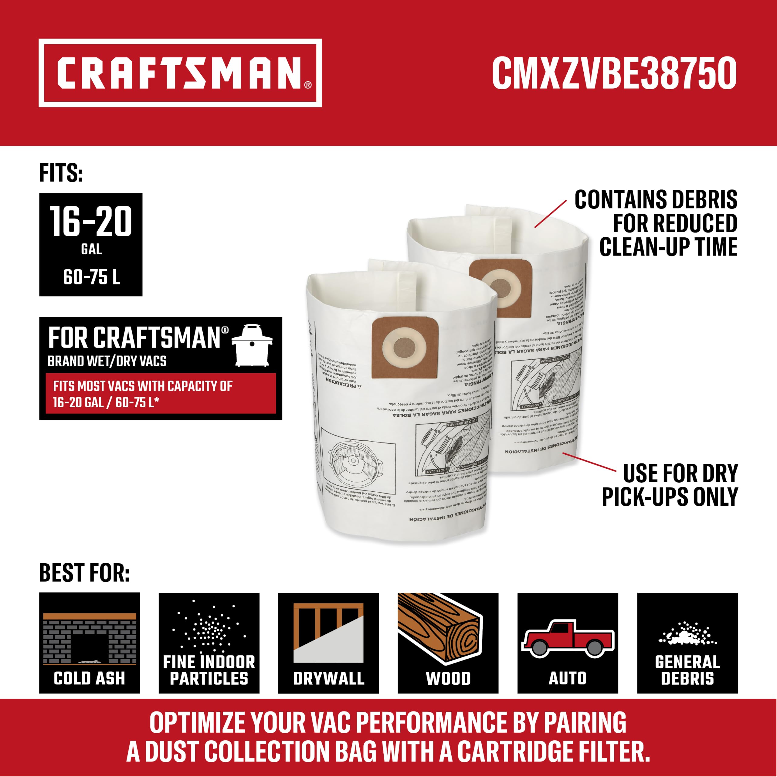 CRAFTSMAN CMXZVBE38750 Genuine 16-20 Gal. Wet Dry Vac Dust Collection Bags - Image 2