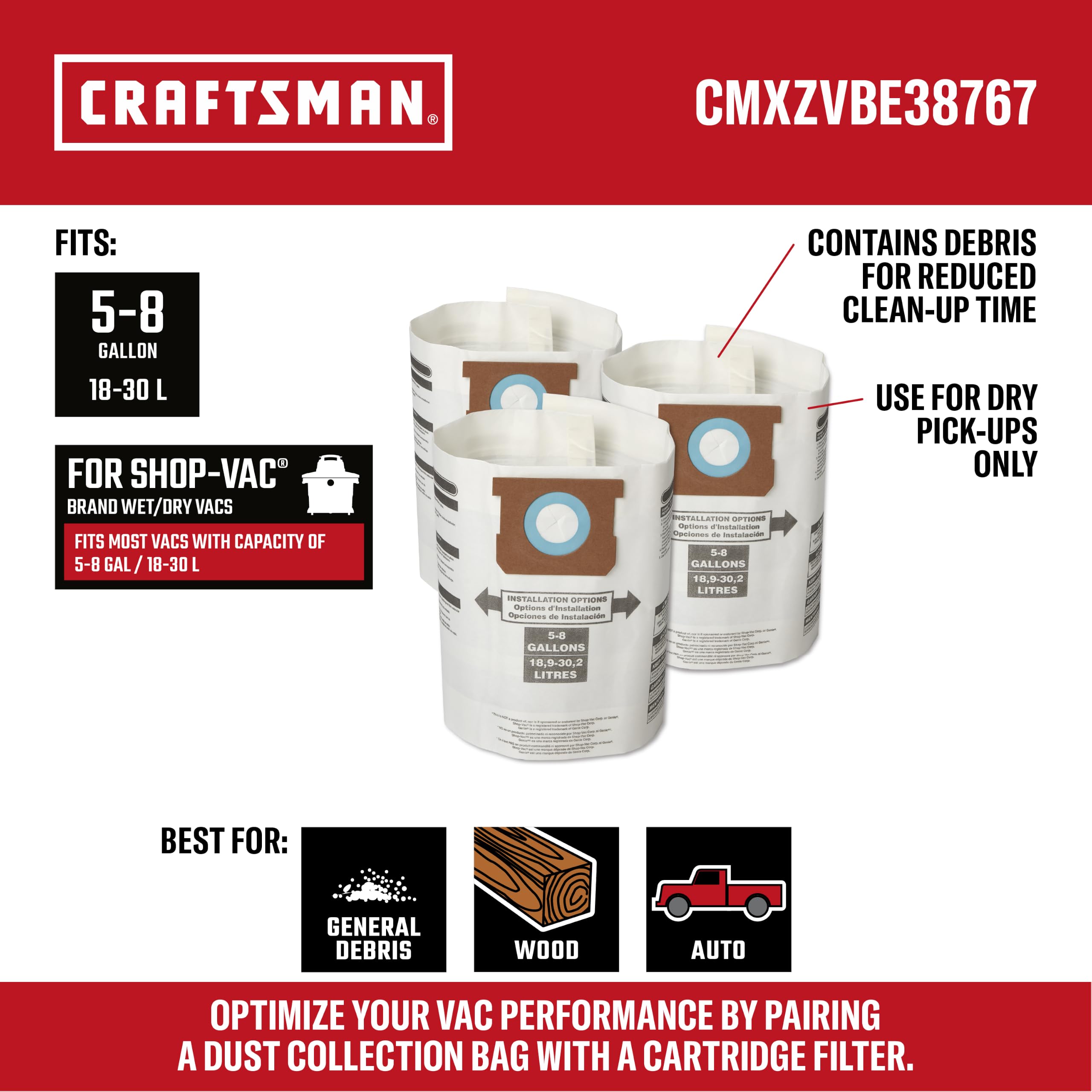 CRAFTSMAN CMXZVBE38767 5-8 Gal. Wet Dry Shop Vacuum Dust Collection Bags - Image 2