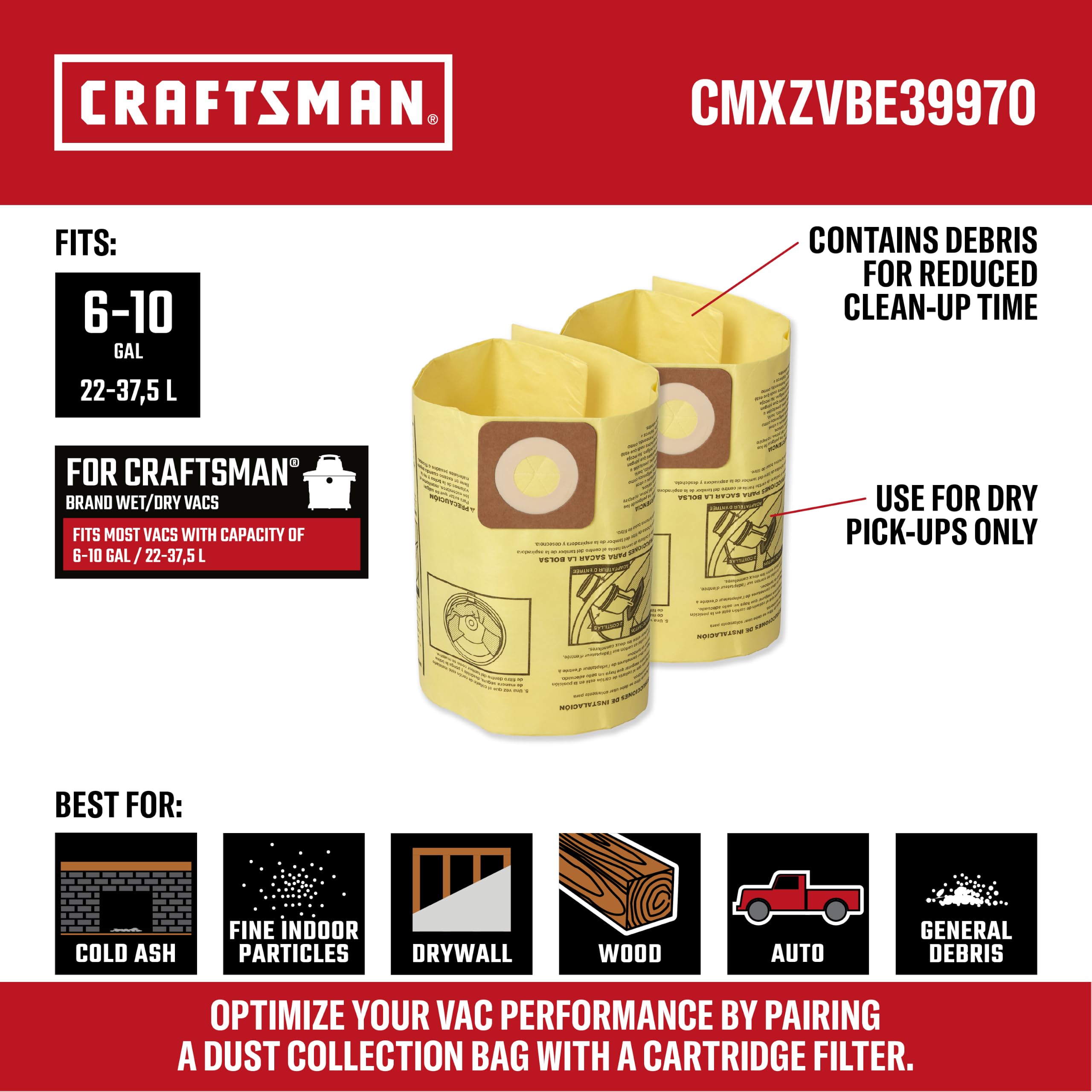 CRAFTSMAN CMXZVBE39970 Genuine 6-10 Gal. Wet Dry Vac Dust Collection Bags - Image 2