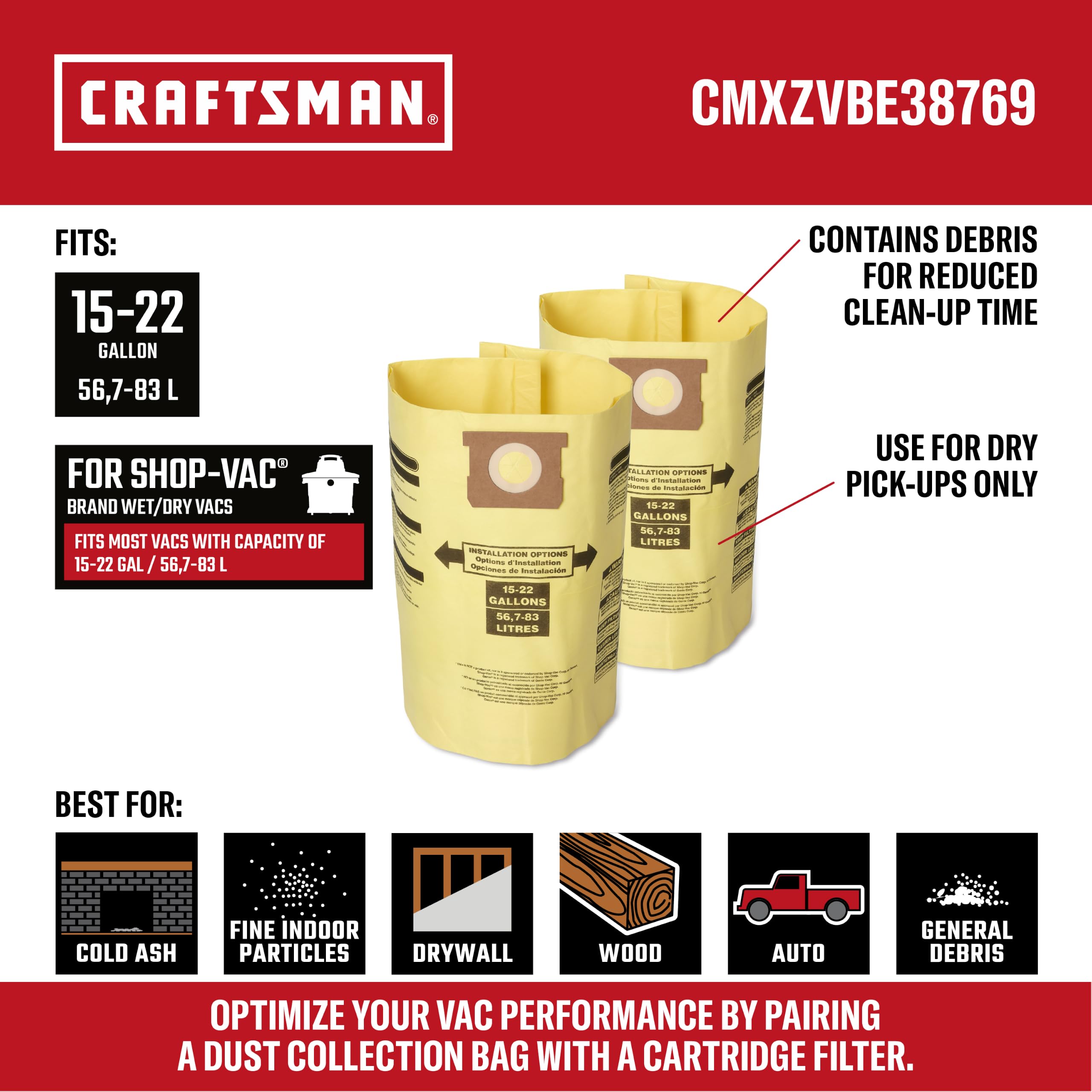 CRAFTSMAN CMXZVBE38769 15-22 Gal. Wet Dry Shop Vacuum Dust Collection Bags - Image 2