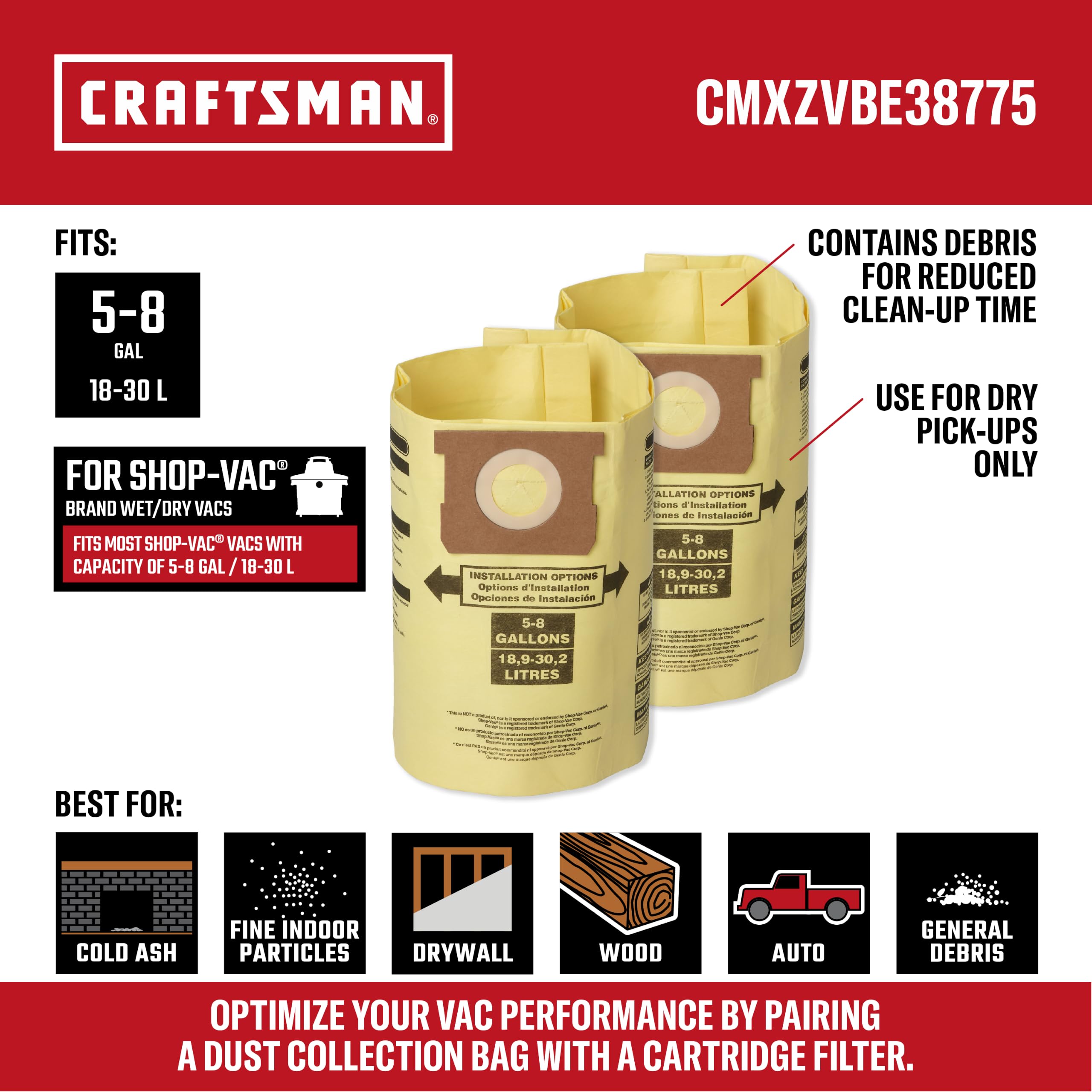 CRAFTSMAN CMXZVBE38775 5-8 Gal. Wet Dry Shop Vacuum Dust Collection Bags - Image 2